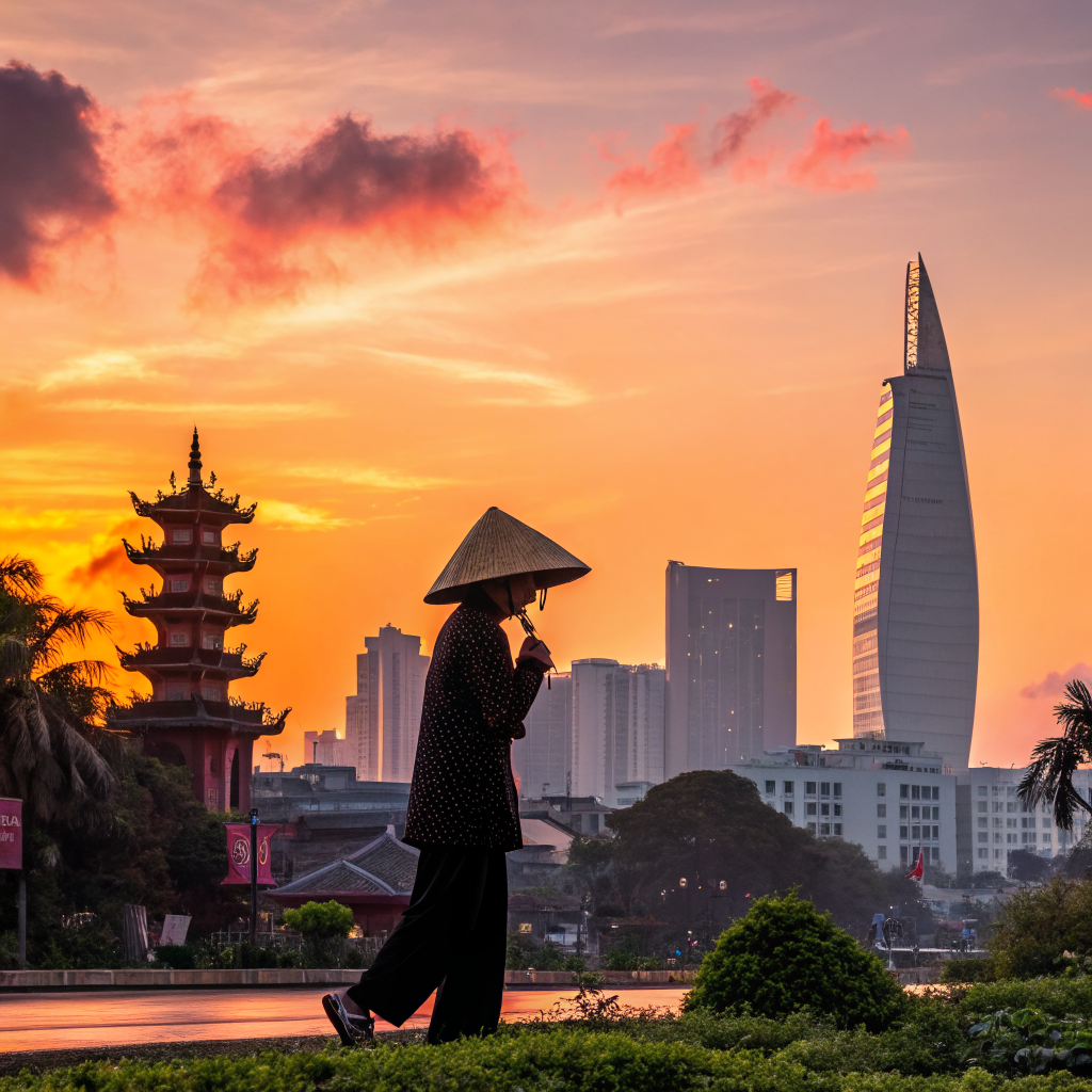 Phụ nữ trong nón lá đi qua khung cảnh Sài Gòn hiện đại với tòa nhà chọc trời