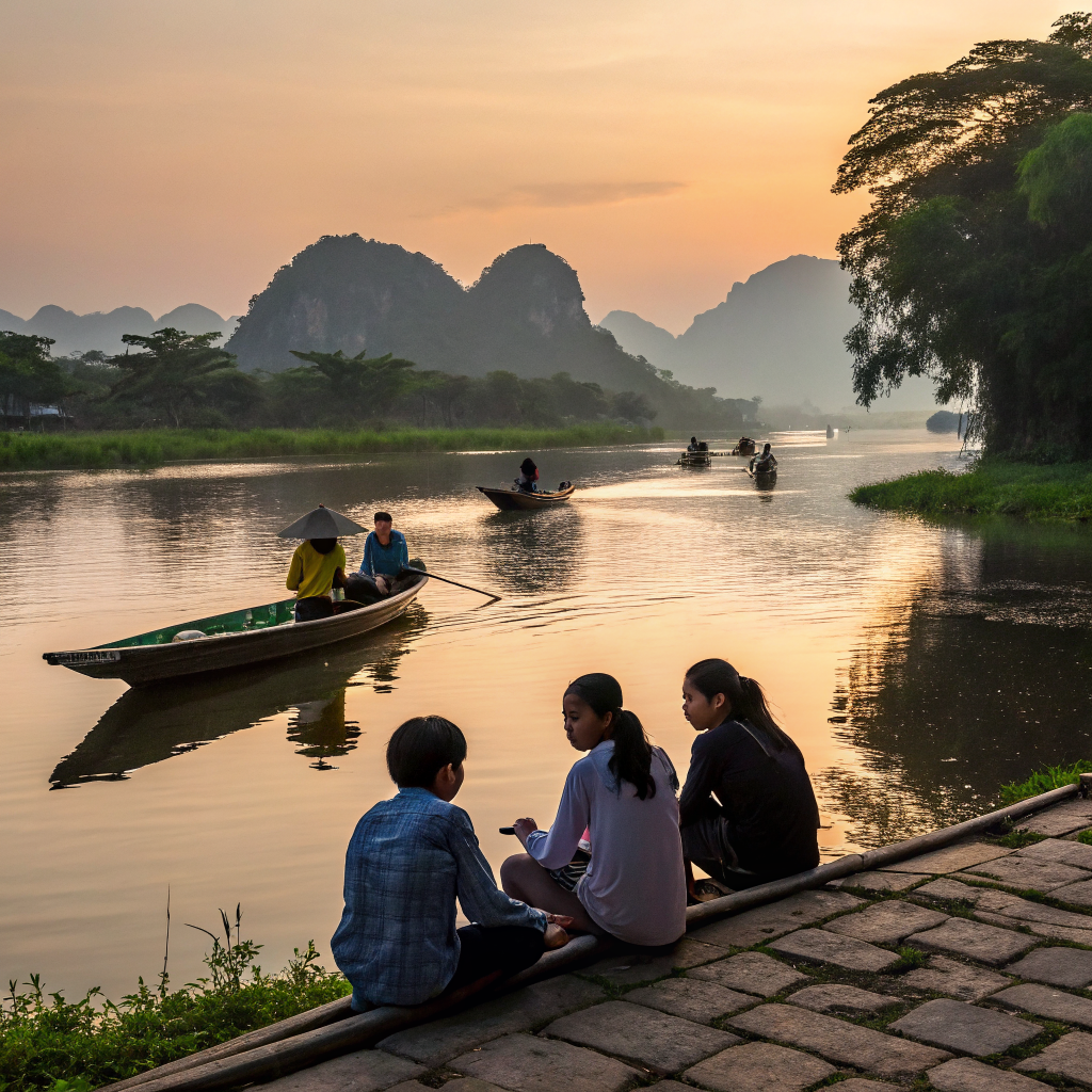 Nhóm bạn trẻ ngồi bên bờ sông Ninh Bình lúc hoàng hôn — khoảnh khắc thư thái cuối tuần